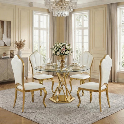Ensemble de table de salle à manger ronde en verre pour 4 personnes, convient aux petites cuisines de salle à manger, table en verre trempé avec pieds en acier inoxydable, chaises en métal et polyester, or, blanc