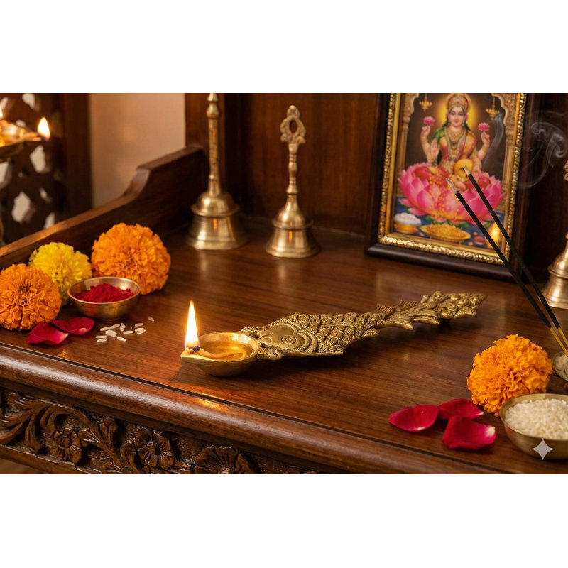 Handheld Brass Puja Diya with Fish Handle – 10" Traditional Indian Oil Lamp, Ritual Decor, Symbol of Prosperity