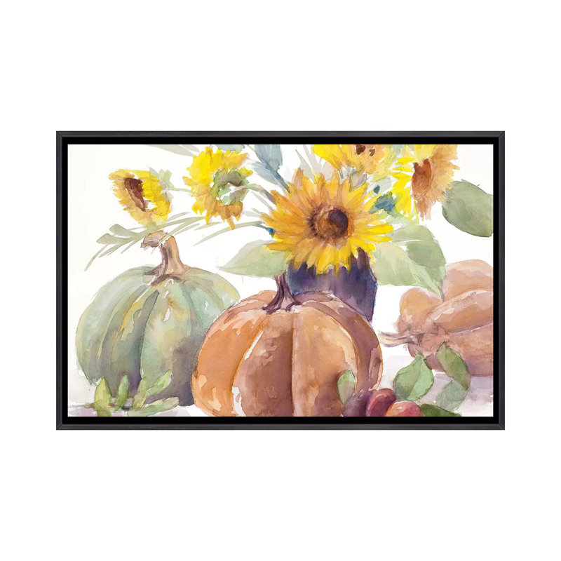 Tournesols et citrouilles Tawny par Lanie Loreth-reproduction d’art, Toile avec cadre noir patiné, Pas de tapis