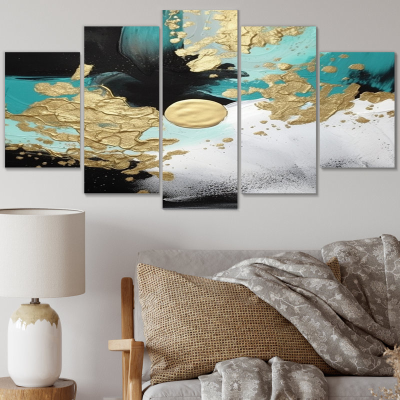 Pleine lune bonheur abstrait turquoise I - art mural abstrait salon - 5 panneaux