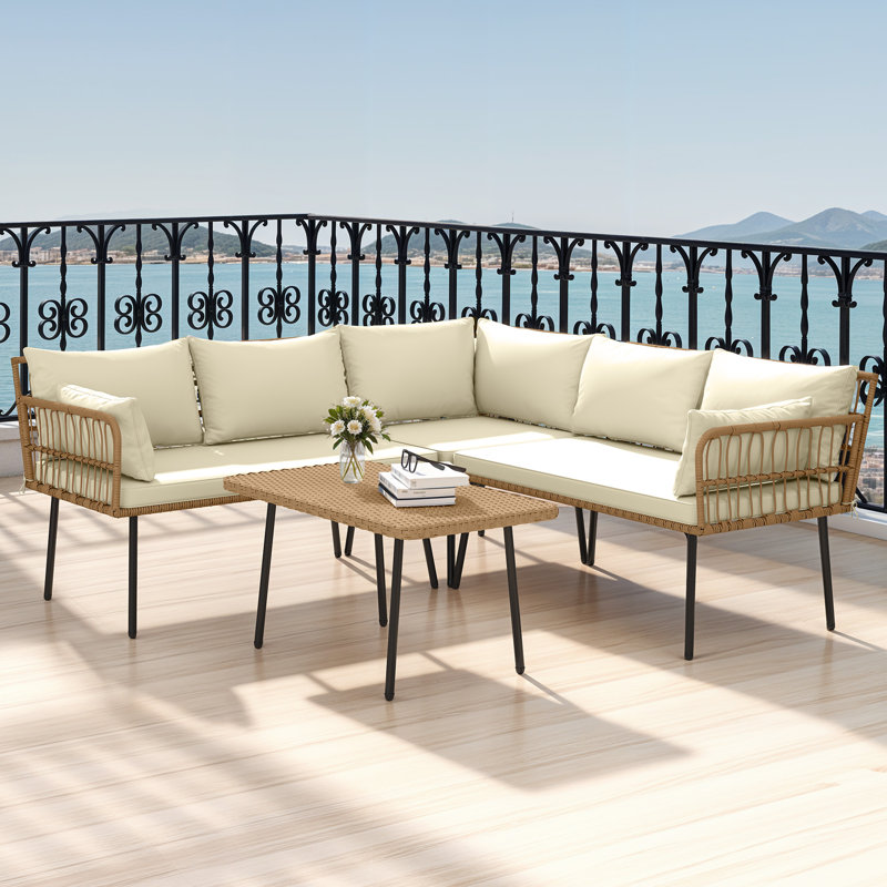 Yellow Convertible Swivel Outdoor Sofa Set – 4-Piece PE Rattan Lounge with Cushions & Coffee Table