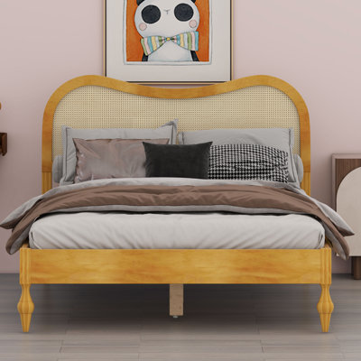 Boho Scandinavian Mid-Century Modern Platform Bed with Curved Rattan Cane Headboard