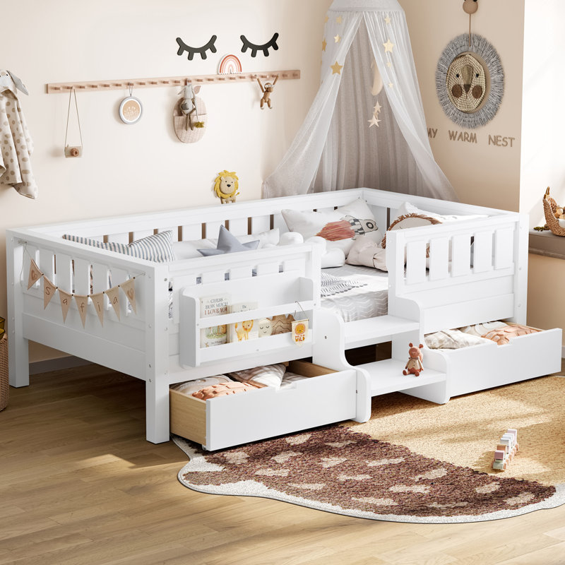 Lit de jour simple avec 2 tiroirs et garde-corps double, Blanc