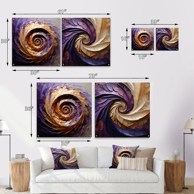 Beige mauve minimalisme spirales poteries - ensemble de 2 peintures murales abstraites en acrylique, H 16 po x l 33 po