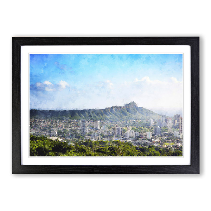 Honolulu Oahu Skyline in Hawaii - Picture Frame Painting, 27cm H x 36cm W x 2cm D, Black Framed
