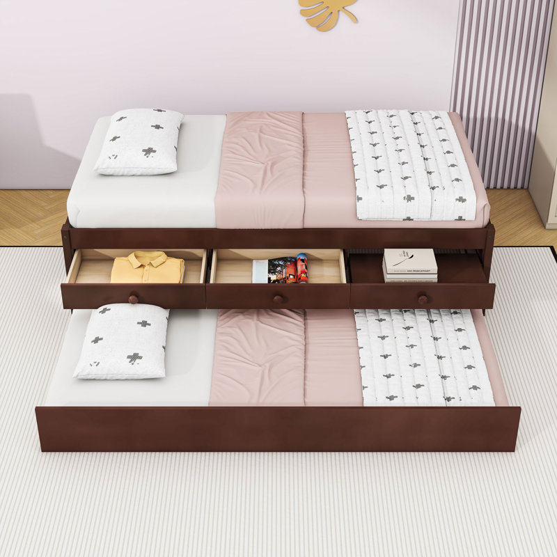 Platform Bed with Pull-Out Trundle, Integrated Power Strip, and Dual Storage Drawers, Twin, Espresso