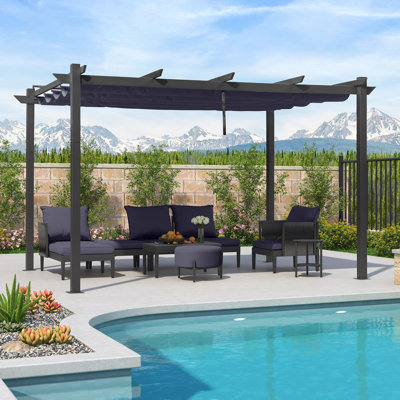 Mauve 10 pi x 13 pi Pergola escamotable d'extérieur en métal blanc robuste pour terrasse avec abat-jour à double abat-jour pour patio, bleu marine