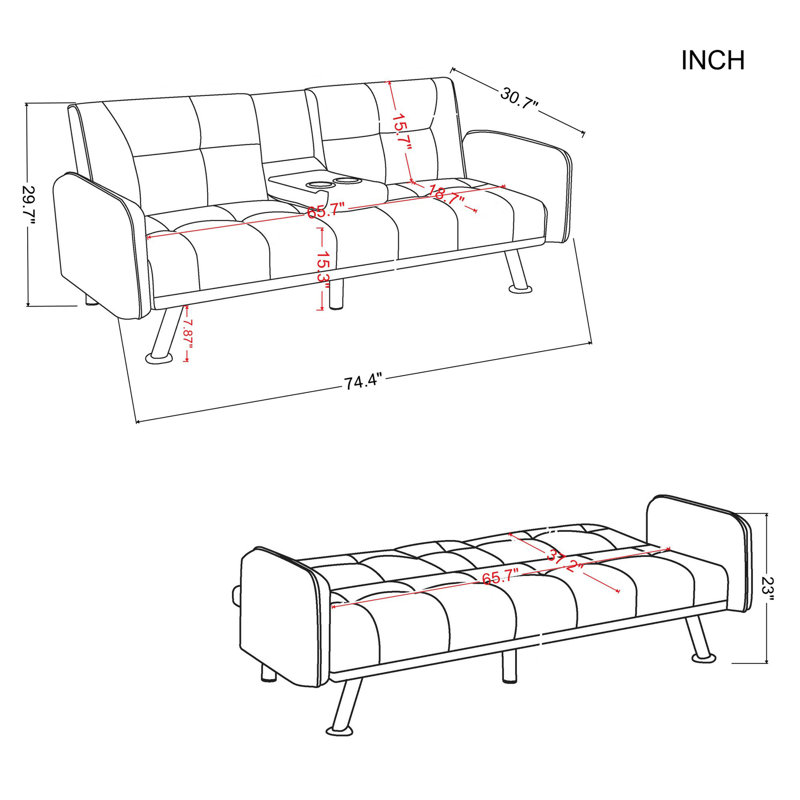 Canapé-lit inclinable convertible 74,42 po de large, Gris foncé