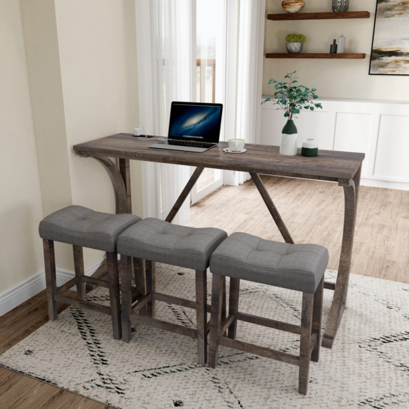 Bar Table Set With Power Outlet, Bar Table And Chairs Set, 4 Piece Dining Table Set, Industrial Breakfast Table Set, For Living Room, Dining Room, Game Room