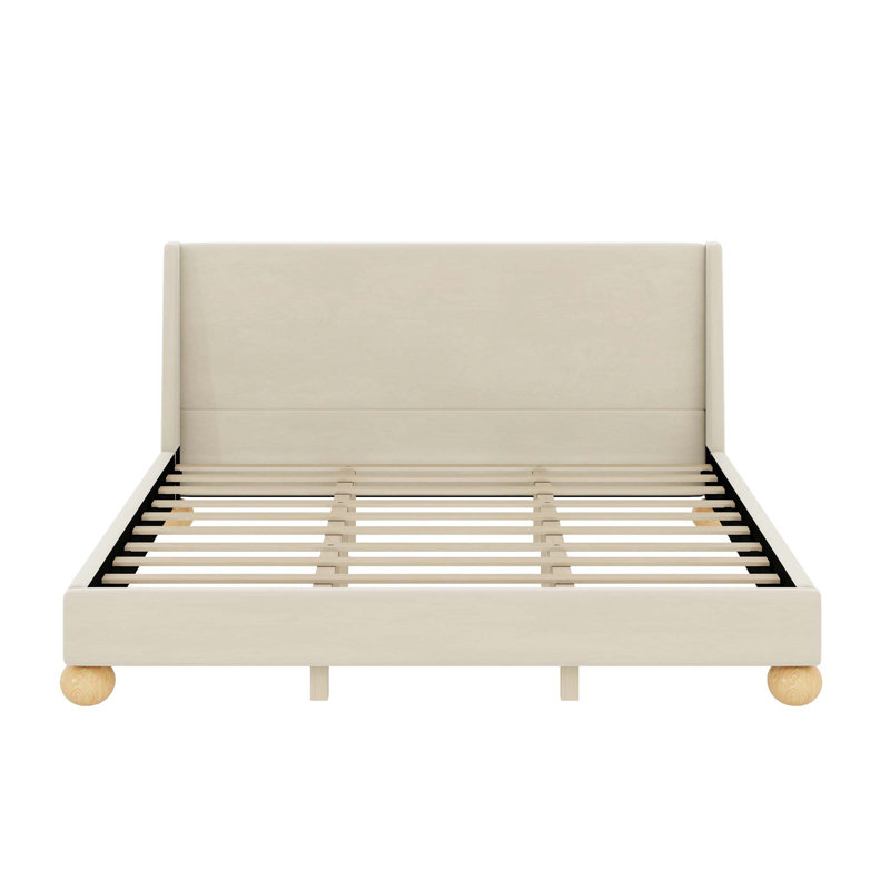 Velvet Bed with Round Wooden Legs, Beige, King