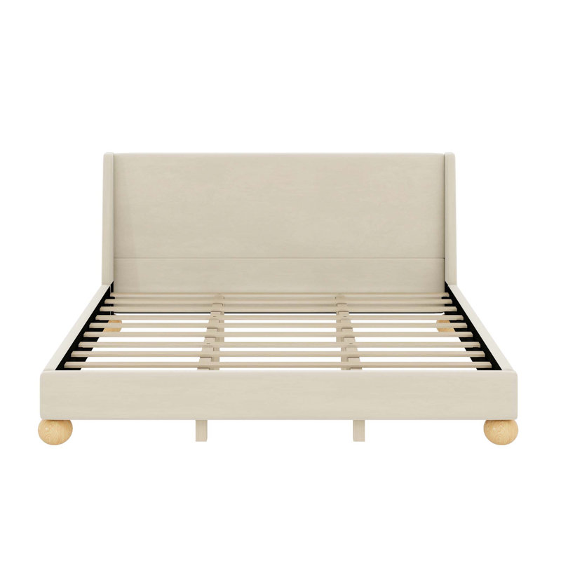 Velvet Bed with Round Wooden Legs, King, Beige