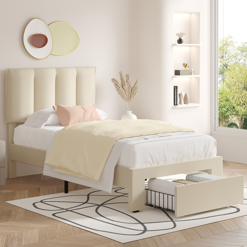 Structure de lit simple avec tiroir de rangement Cahlin, Beige, Simple