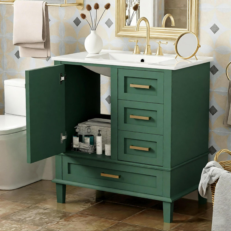 Ensemble de meuble-lavabo moderne 30 po avec lavabo, porte à fermeture douce et 3 tiroirs, Green/Brushed Gold