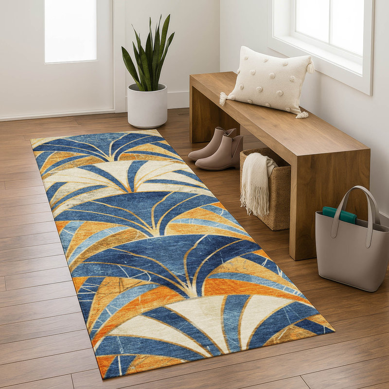 Premium Machine Washable Mayfield geometric Rug, Blue, 2'3" x 7'6" Runner