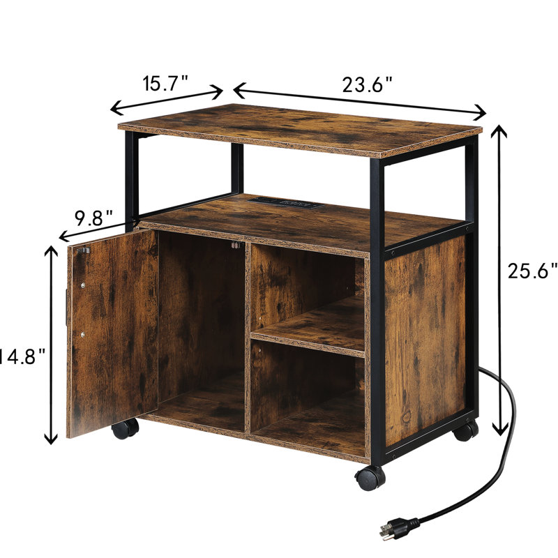 Office Printer Stand And File Cabinet With Socket Charging, A4 Letter Storage Areas, Metal Sides, Simple Installation, Rustic Color Scheme Home Charging Ports, Compartments, Side Structure, Fast