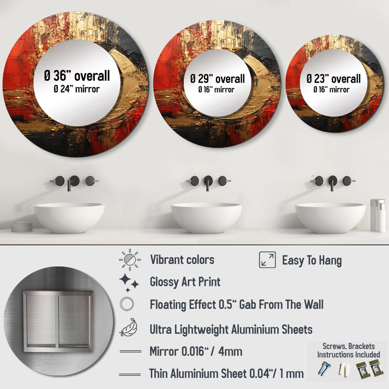 «Red Gold Fusion Spiral II - Abstract Spirals Wall Mirror», 36 po x 36 po