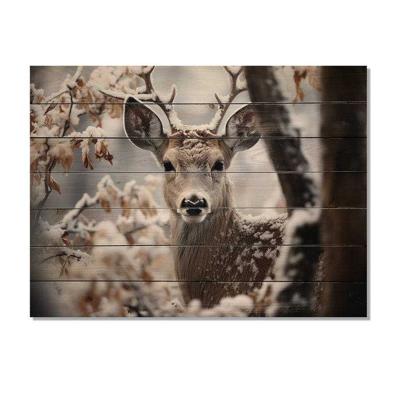 Cerf d'hiver, photographie monochrome I sur bois, H 10 po x l 20 po x P 0,78 po