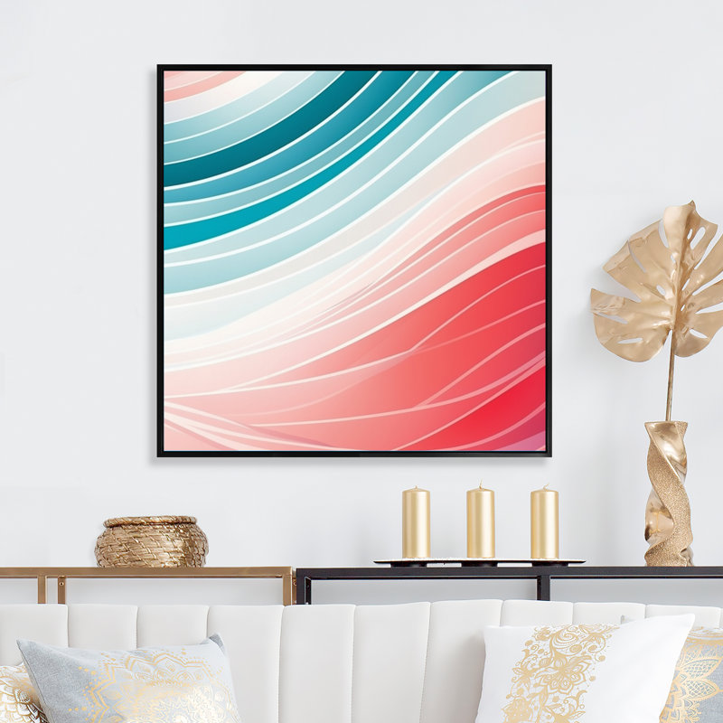 «Bold Graphic Sunset in Teal and Pink», reproduction sur toile géométrique moderne, Cadre flottant noir