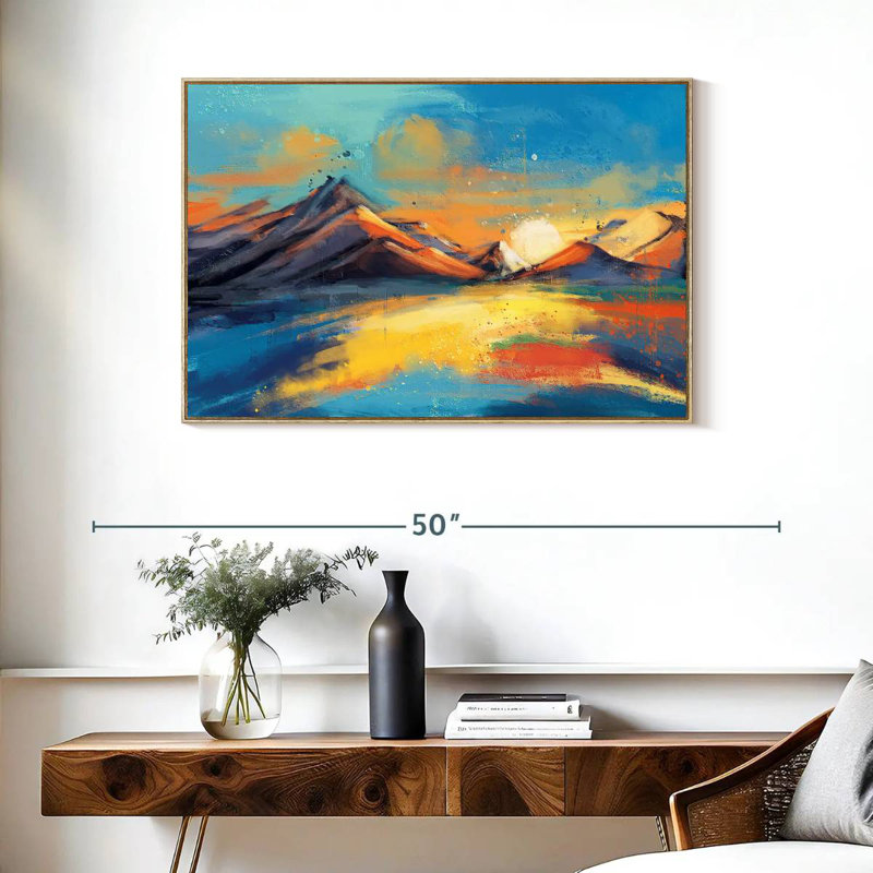 Coucher de soleil, paysage de Quenby, 37 po x 25 po, Cadre flottant en bois naturel