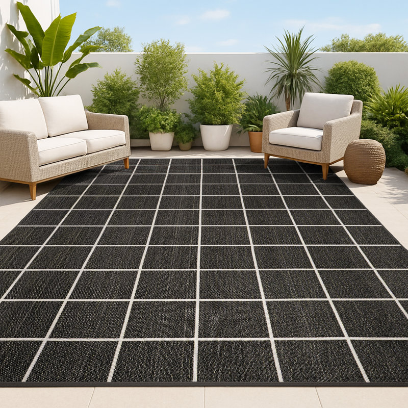 Garnavillo Grid Modern Squares Black/Cream Indoor/Outdoor Rug, Rectangle 7'10" x 10'