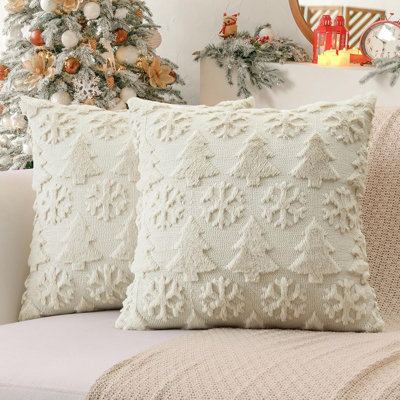 Christmas Throw Pillow Cover – Beige – 18×18 In / Plush Faux Fur / Winter Holiday Decor / Square Cushion Case