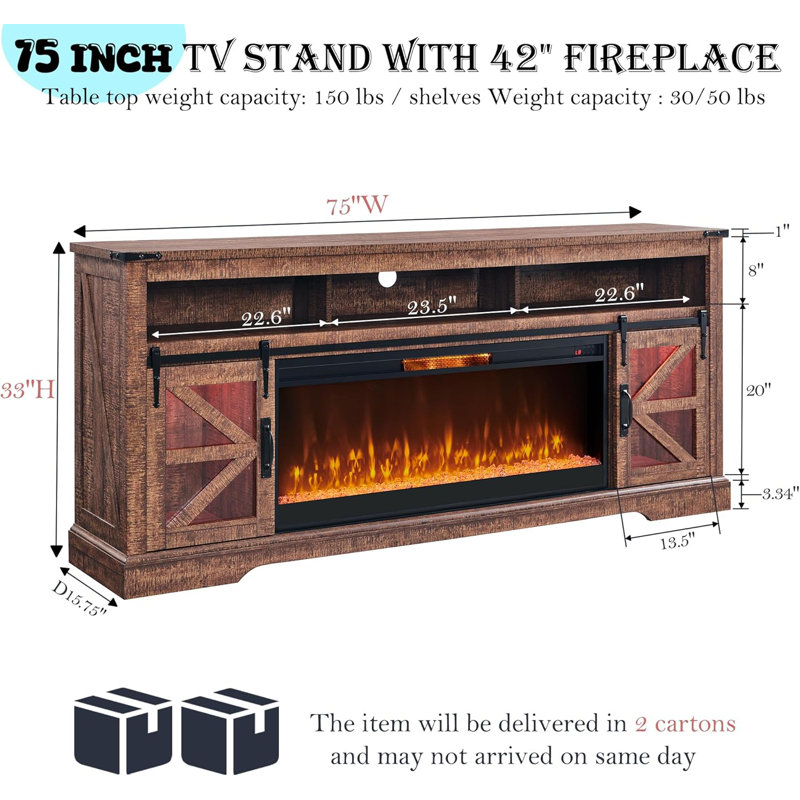  Meuble télé pour téléviseur de 85 po ou moins Taye Farmhouse Fireplace, Brun