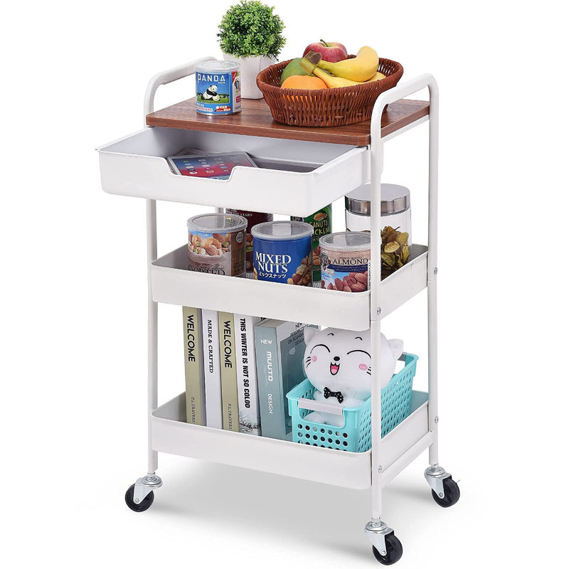3-Tier Metal Utility Rolling Cart with Drawer & Wooden Table Top, Storage Cart White Trolley Kitchen Organizer Rolling Desk with Locking Wheels for Office, Classroom, Dorm, Bedroom