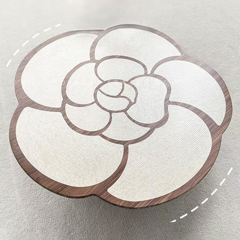 39.4” Camellia Flower Shape Coffee Table, Modern Walnut Wood Center Table with Dual-Tone Inlay Top, Sturdy Floral-Designed Base, Elegant Decorative Coffee Table for Living Room, Bedroom & Office Spaces