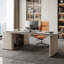Bureau blanc / blanc + beige pierre rectangulaire + bois manufacturé avec 3 tiroirs-1461635366-1461635367