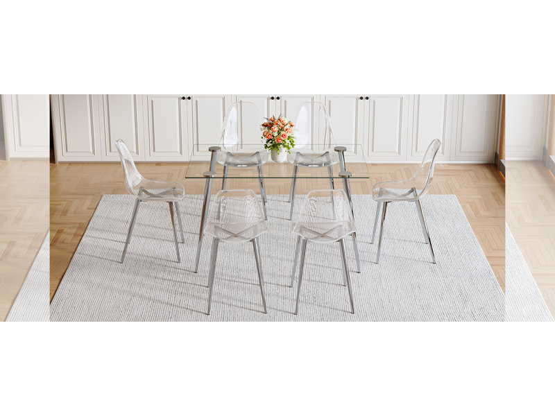 Ensemble de table et de chaises. Ensemble de table de salle à manger moderne et luxueux en verre trempé rectangulaire avec 6 chaises en plastique transparent avec pieds en métal argenté. Apportez une expérience de maison confortable à la cuisine.