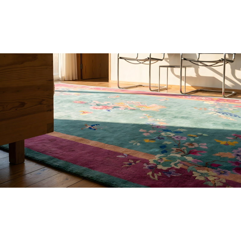 Tapis art floral chinois antique à motif floral vert écume de mer
