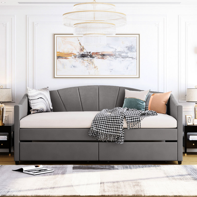 Gray Upholstered Daybed With Two Drawers - Frame For Lasting Use Velvet Create A Chic Bedroom, Gray
