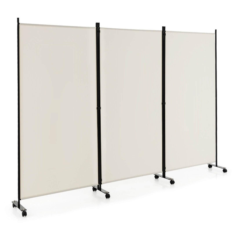 White 3-Panel Folding Room Divider with Lockable Wheels