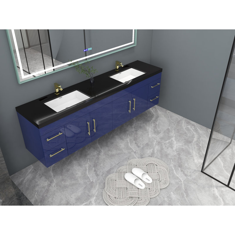 Ensemble de meuble-lavabo double mural 84 po Camorah, Bleu nuit brillant, Or mat