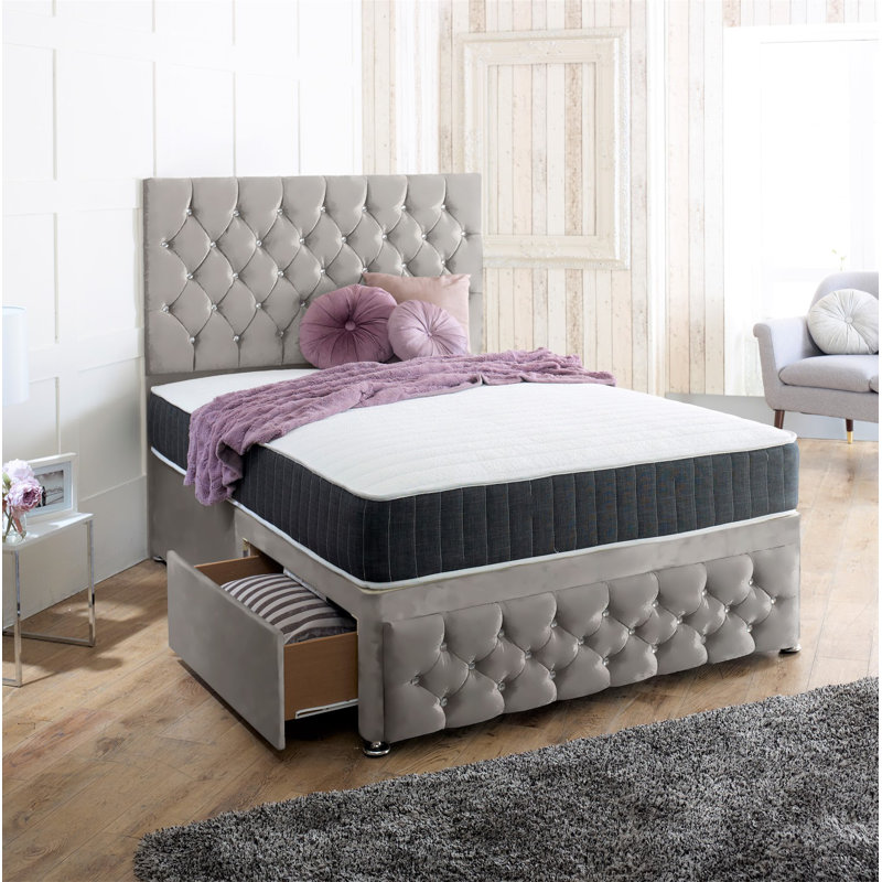 Baty Upholstered Divan Bed, Marine Blue, Small Double (4'), 2 Drawers (Same Side)