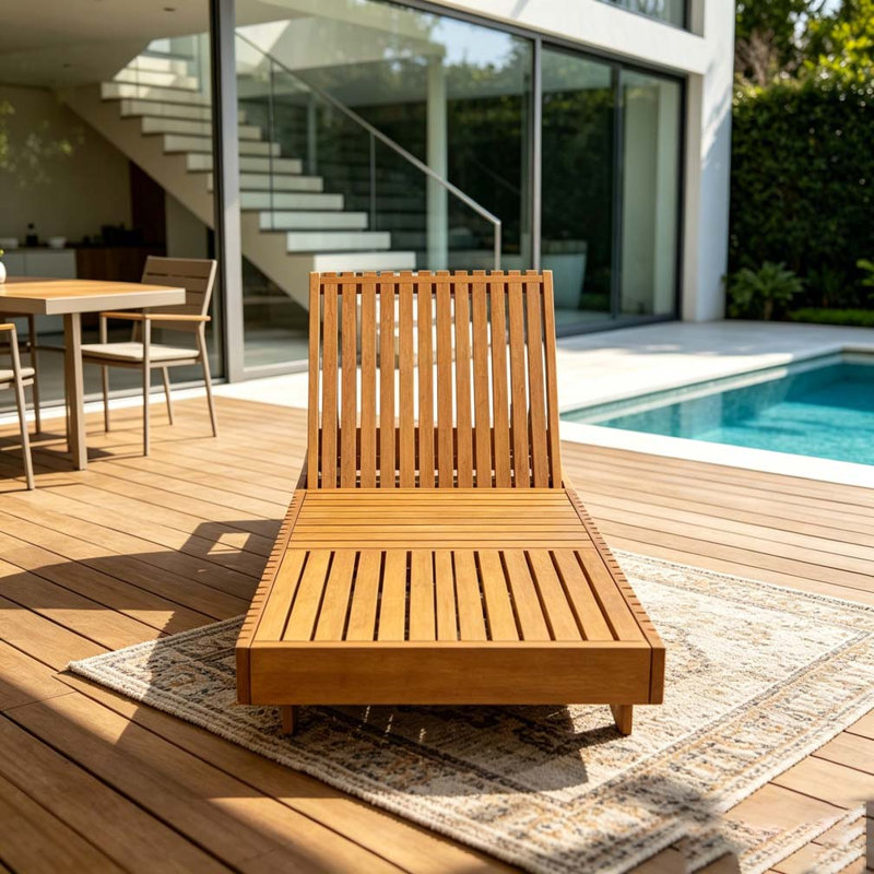 Chaise longue d'extérieur moderne en bois massif - Chaise longue inclinable réglable pour patio, Cuivre, teck
