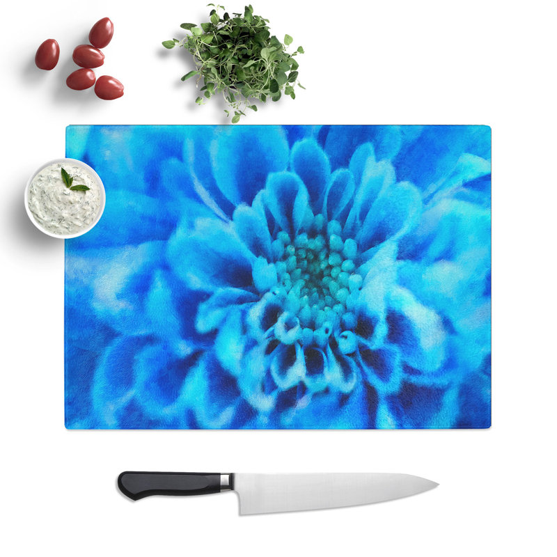 Tempered Glass Blue Dahlia Flower Chopping Board, 28.5 cm x 39 cm