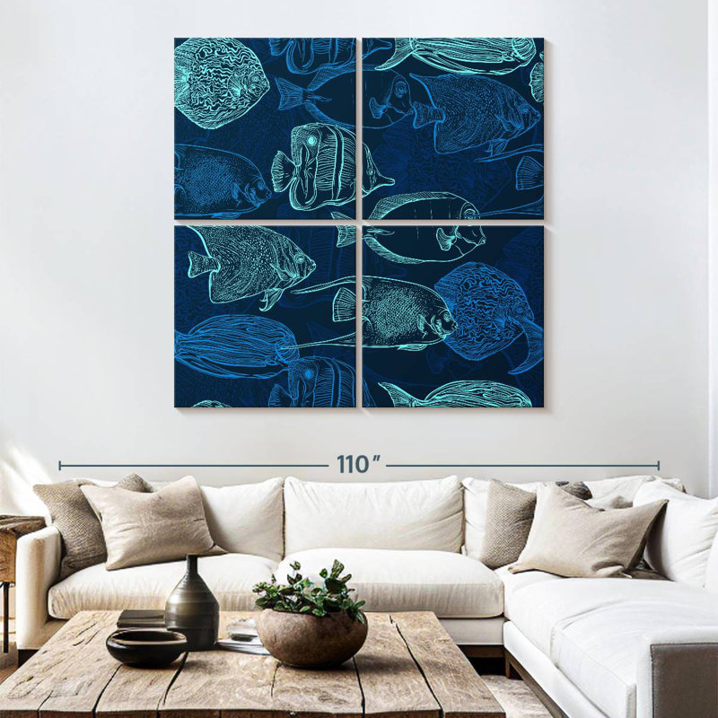 Brampt Blue Green Fish Outlines, 74" H x 74" W