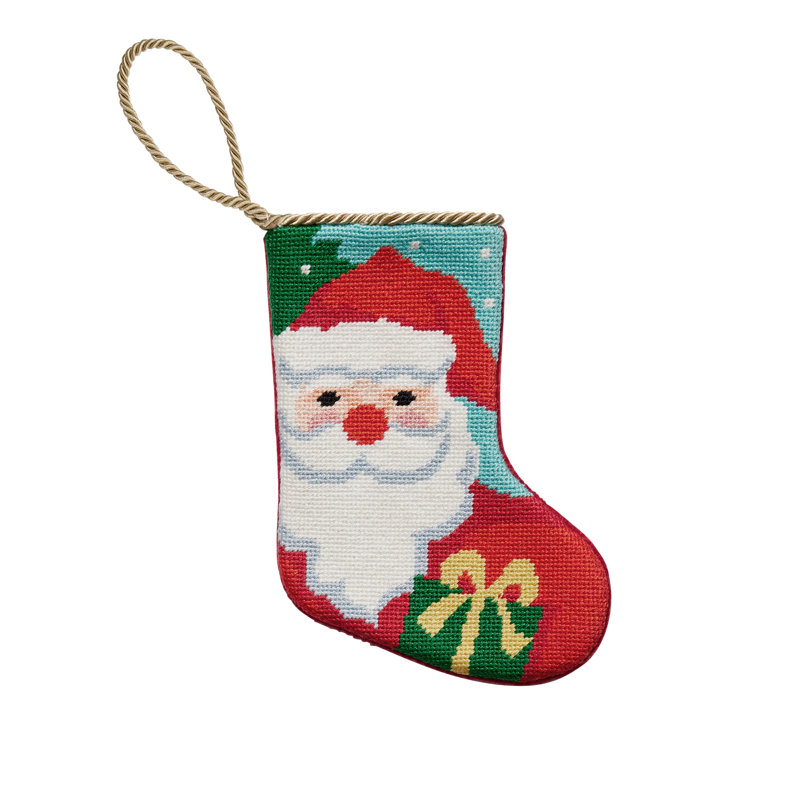 Santa Embroidered Needlepoint Mini Holiday Stocking