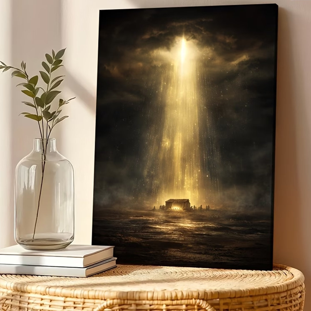 45*30,2D Flat, 1Pc Star Of Bethlehem Framed Wall Art - Pine Wood Frame & Wrapped Canvas Print, Nativity Scene Religious Iconography For Christmas Deco