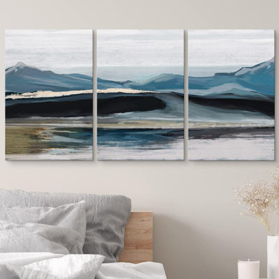 Bleu pastel aquarelle, chaîne de montagnes, art moderne, paysage, paysage zen, 3 pièces