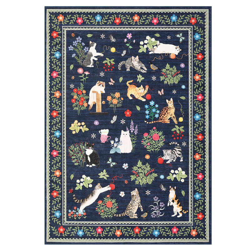Area Rugs Modern Non-Slip Washable Rug Mark Resistant,Floral Farmhouse Carpet,Non-Shedding for Living Room Bedroom, Blue