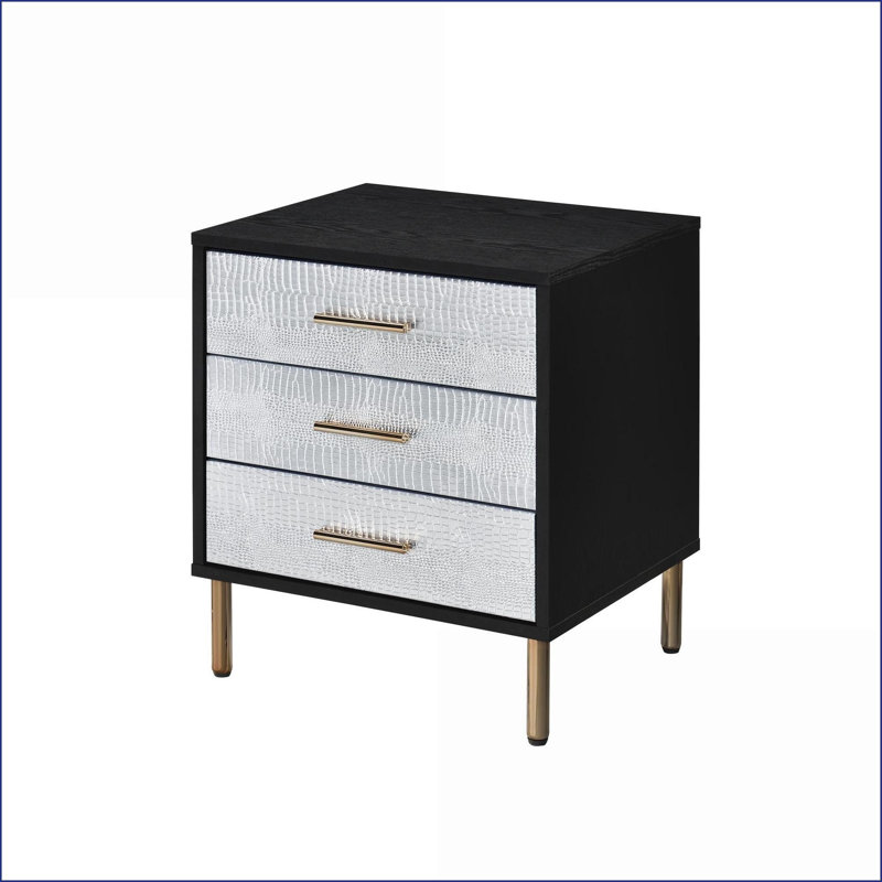 Table de chevet moderne noire à 3 tiroirs avec devantures en crocodile argenté Pieds dorés
