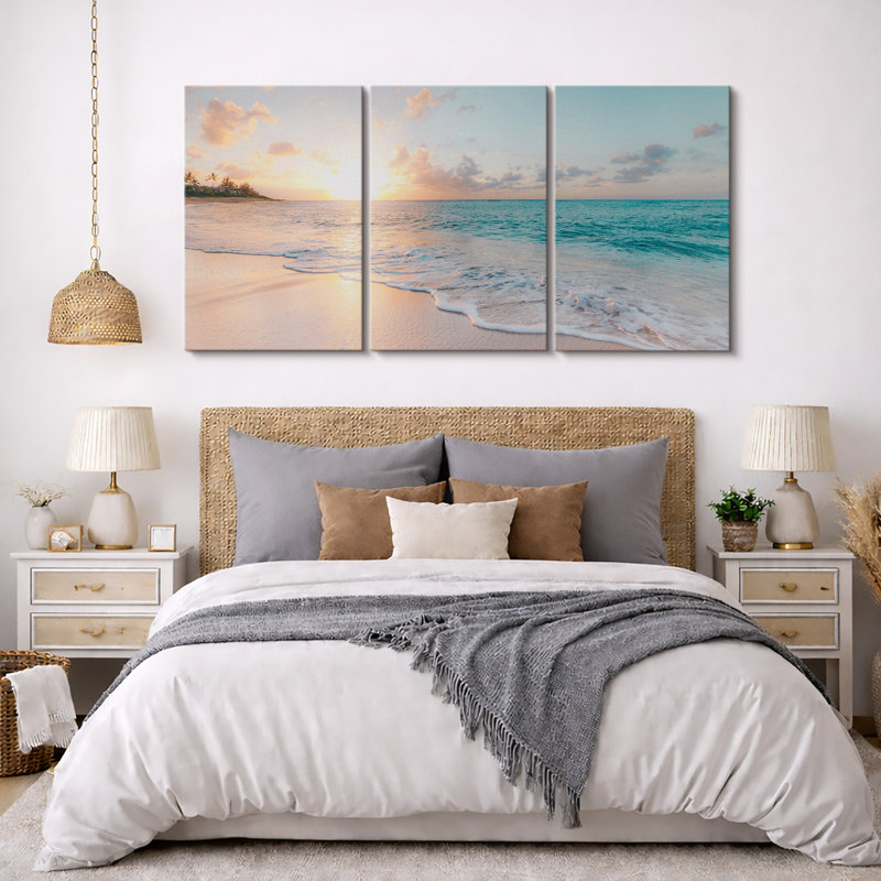 «Aesthetic Sunset on Teal Ocean Coastal Beach Shore», impression sur toile 3 pièces, triptyque, art mural, H 24 po x l 48 po