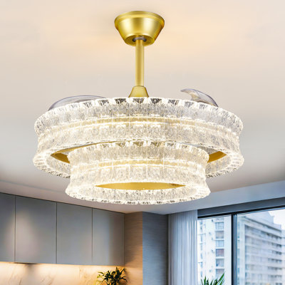24" Gold French Romantic Ripple Wave‑Textured Double‑Layer Crystal Fandelier, Dimmable LED Ceiling Fan with Remote Control（Bulbs Included）