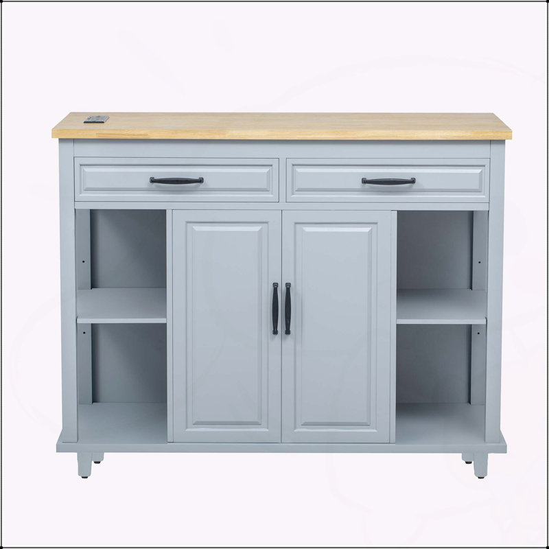 Îlot de cuisine polyvalent avec table extensible et multiples fonctionnalités, Bleu gris