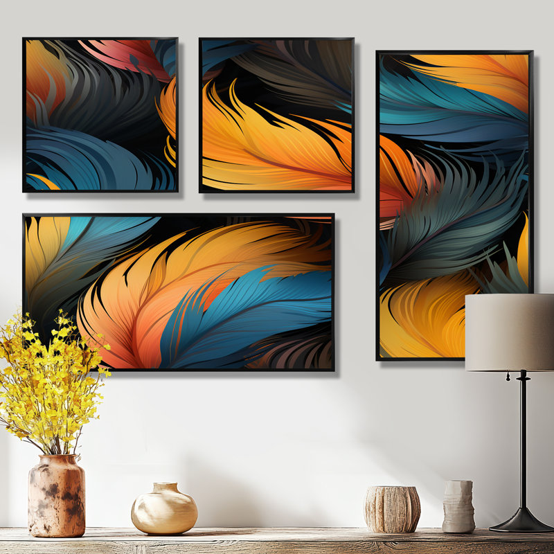 Plume orange et sarcelle élégance aviaire - art mural orange 4 pièces, Reproduction encadrée sans passe-partout, Noir