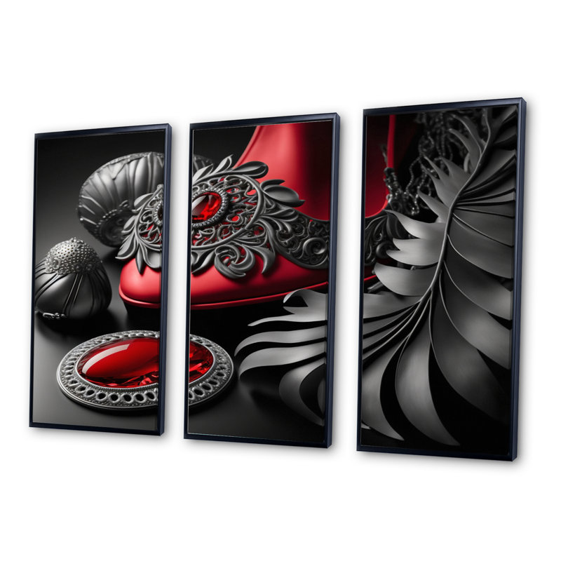 «Vintage Glam Acessores and Sler and Ruby Red», reproduction sur toile 3 pièces, Toile encadrée noire, L 48 po x H 32 po