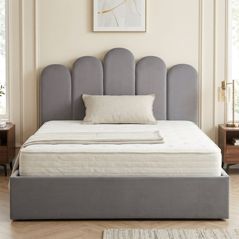 Petal Palm Headboard Upholstered Platform Bed with Gas Lift Storage, Queen, Gray Velvet, Gray, Queen