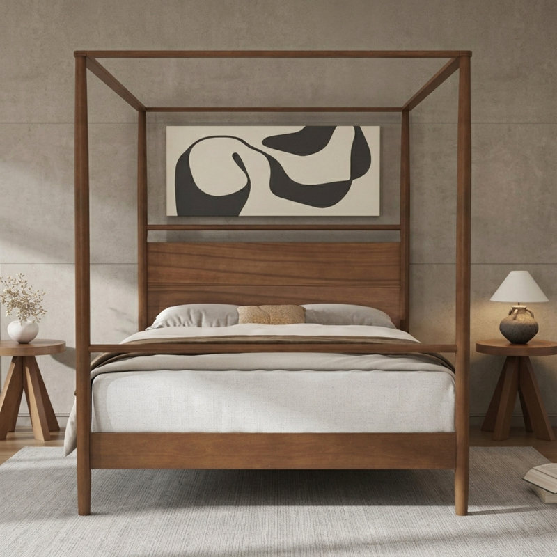 Modern Solid Wood King Size Canopy Bed Frame, 4-Poster Platform Bed with Built-in Headboard, No Box Spring Needed, Walnut Finish, Easy Assembly, Minimalist Bedroom Furniture
